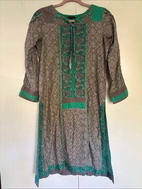 J. Pret Wear Green and Gray Embroidered Cotton Tunic Dress / Shirt M